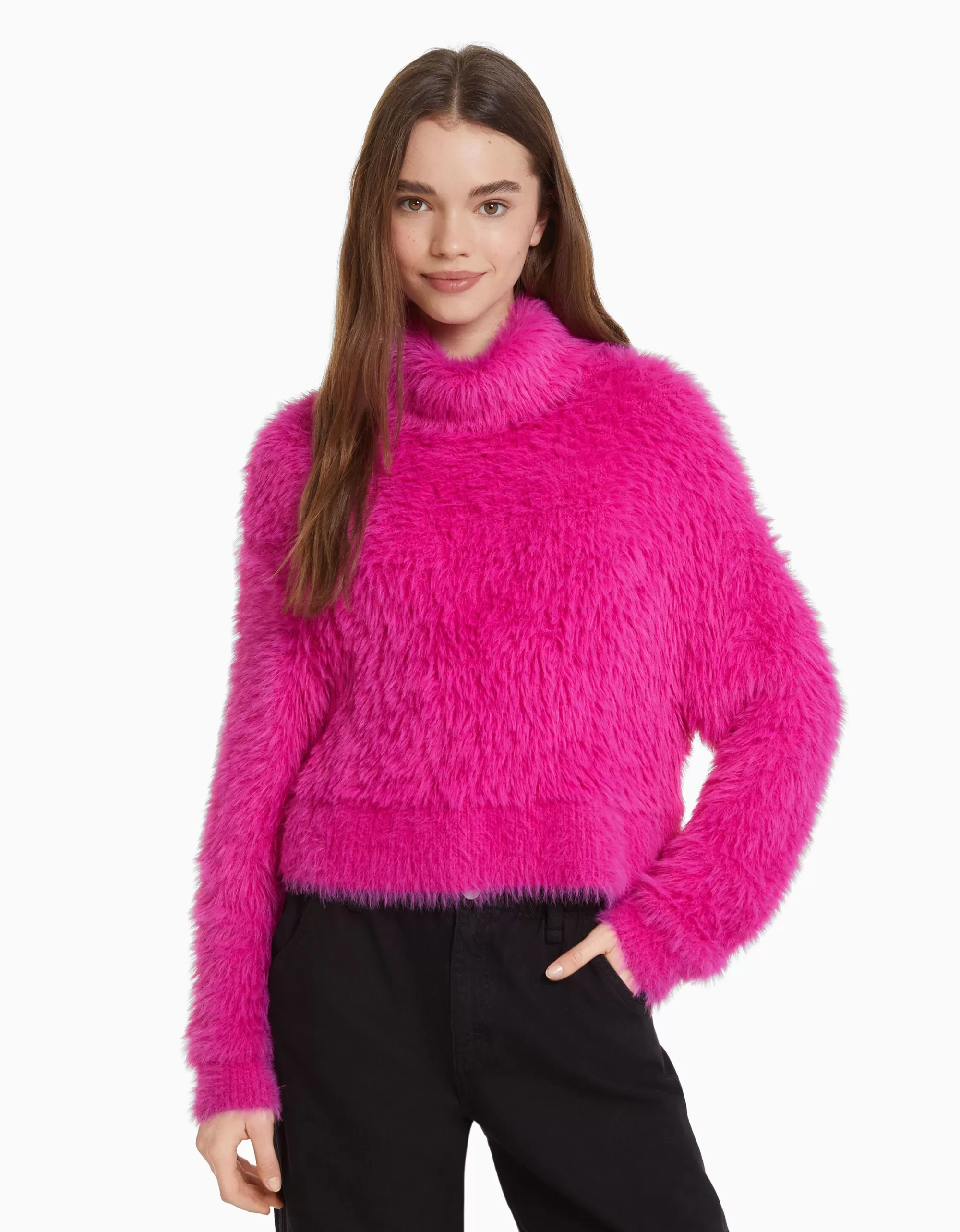 MUJER BERSHKA Jersey cuello alto pelo