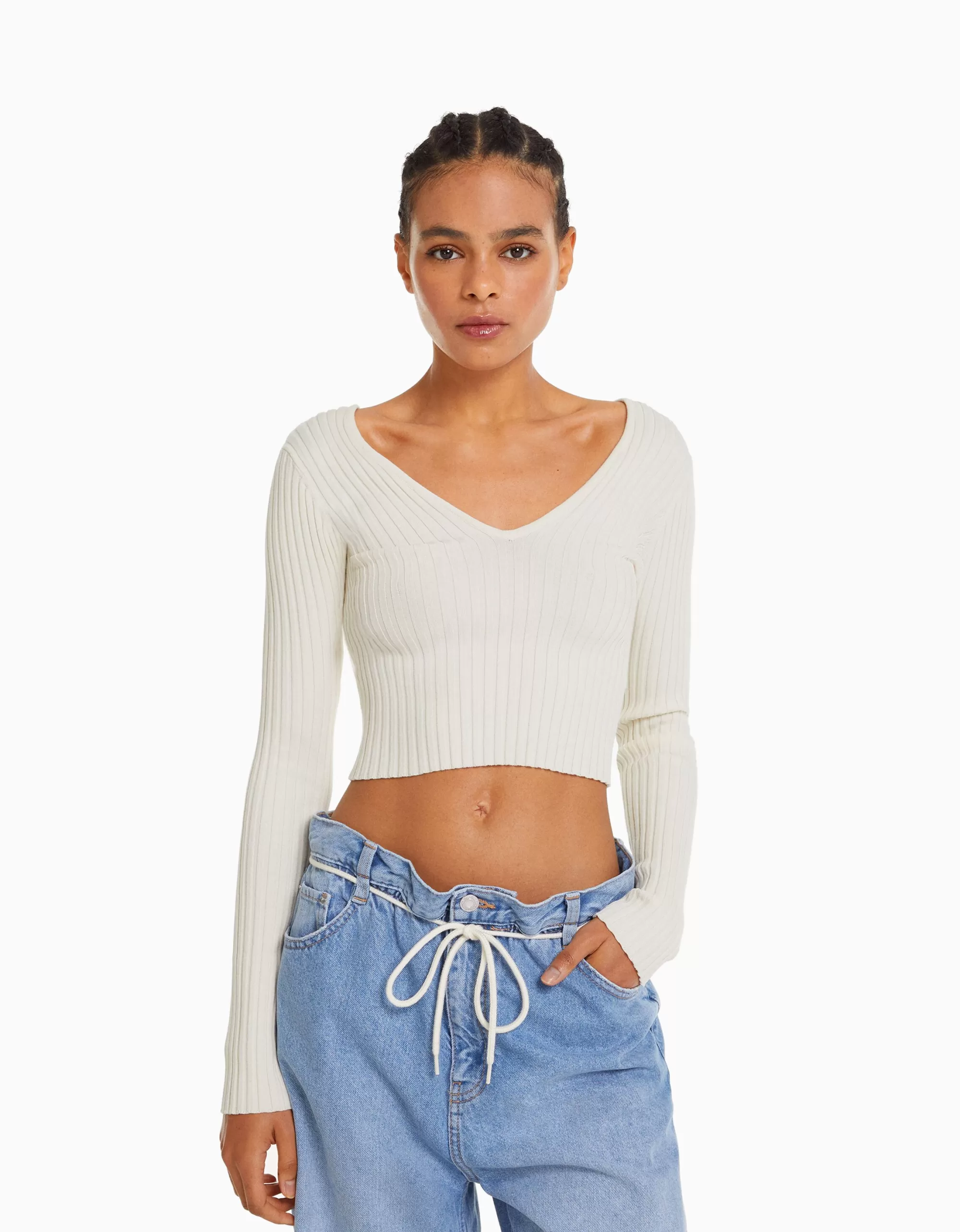 MUJER BERSHKA Jersey cuello pico rib