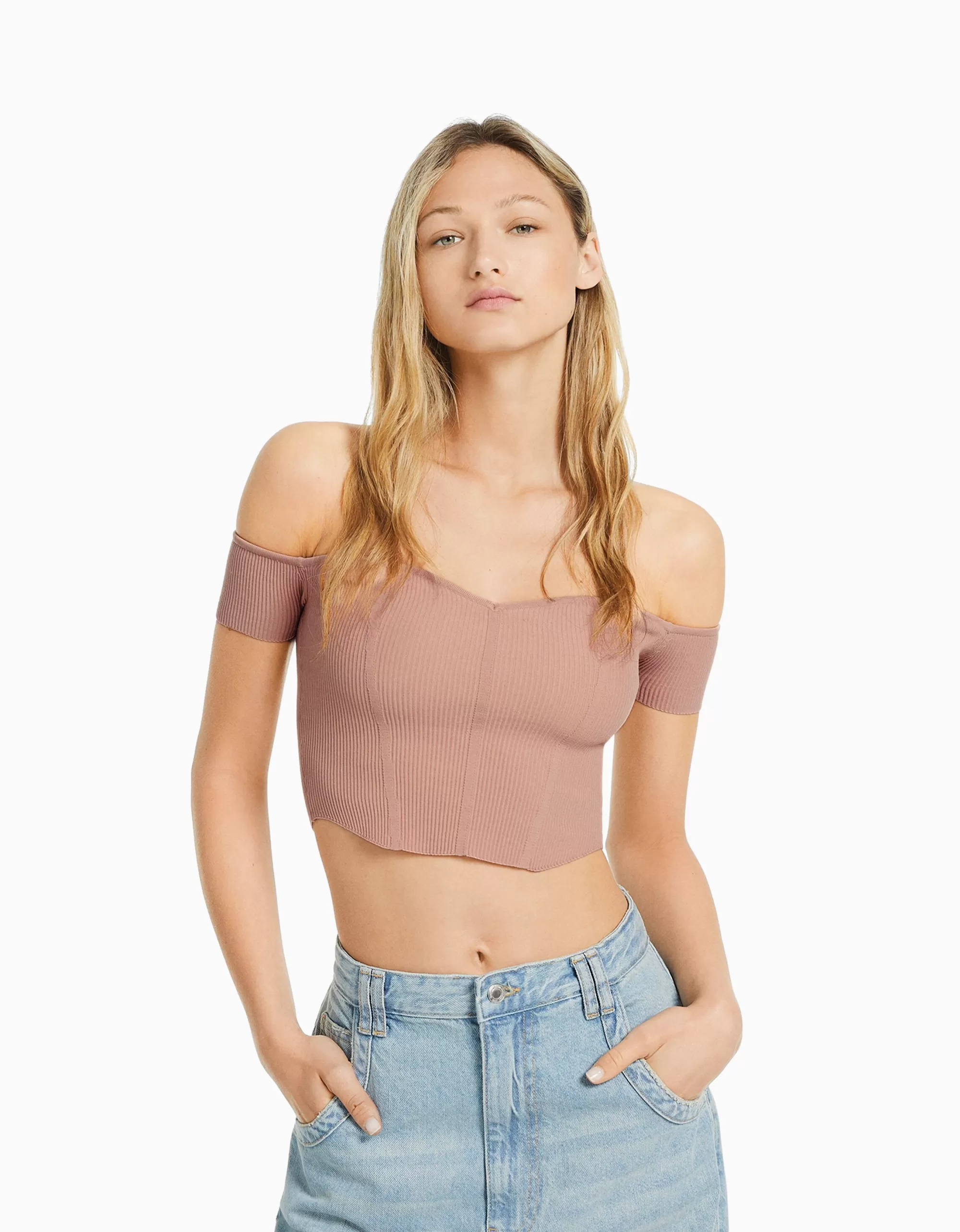 MUJER BERSHKA Jersey manga corta corsé bardot