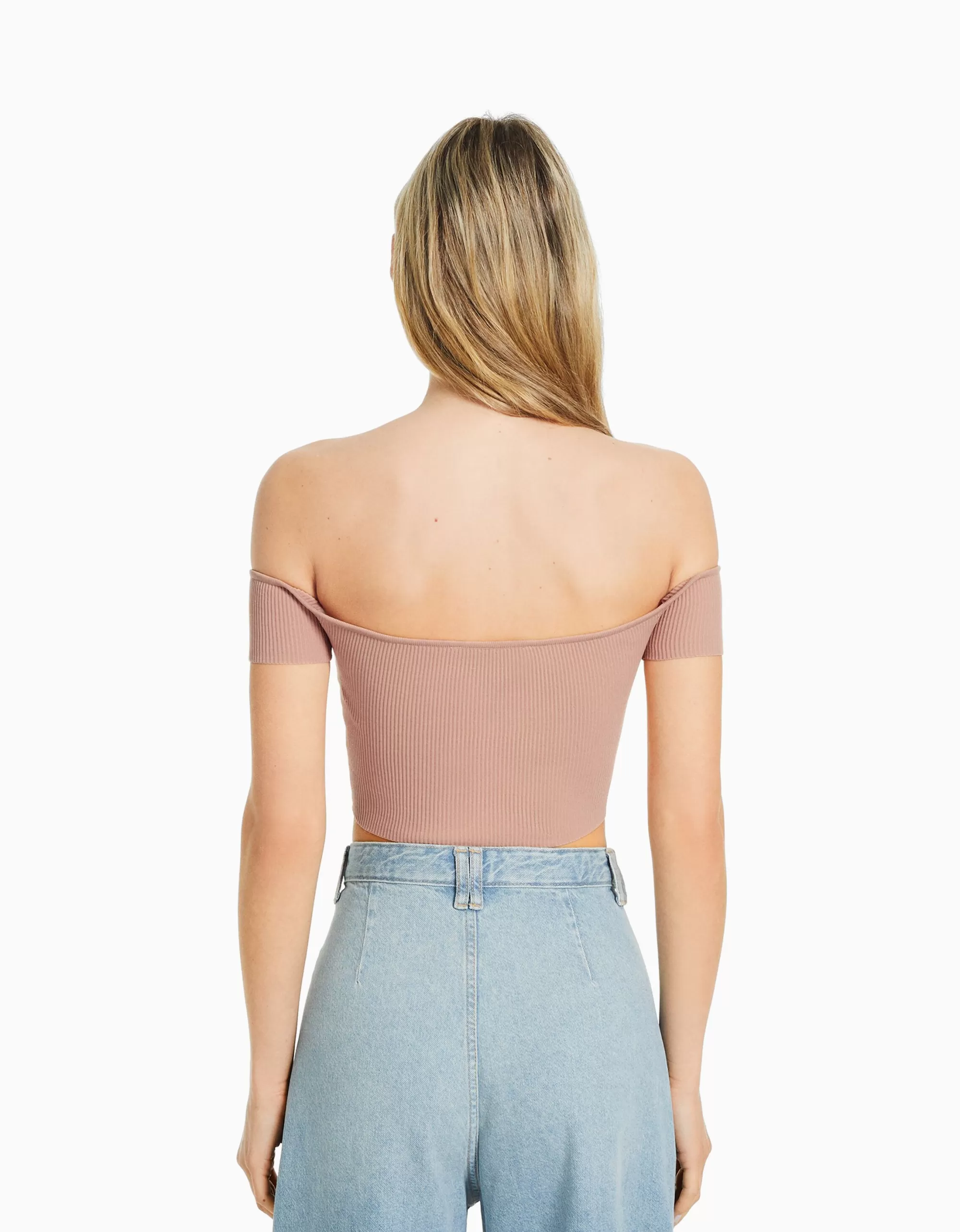 MUJER BERSHKA Jersey manga corta corsé bardot