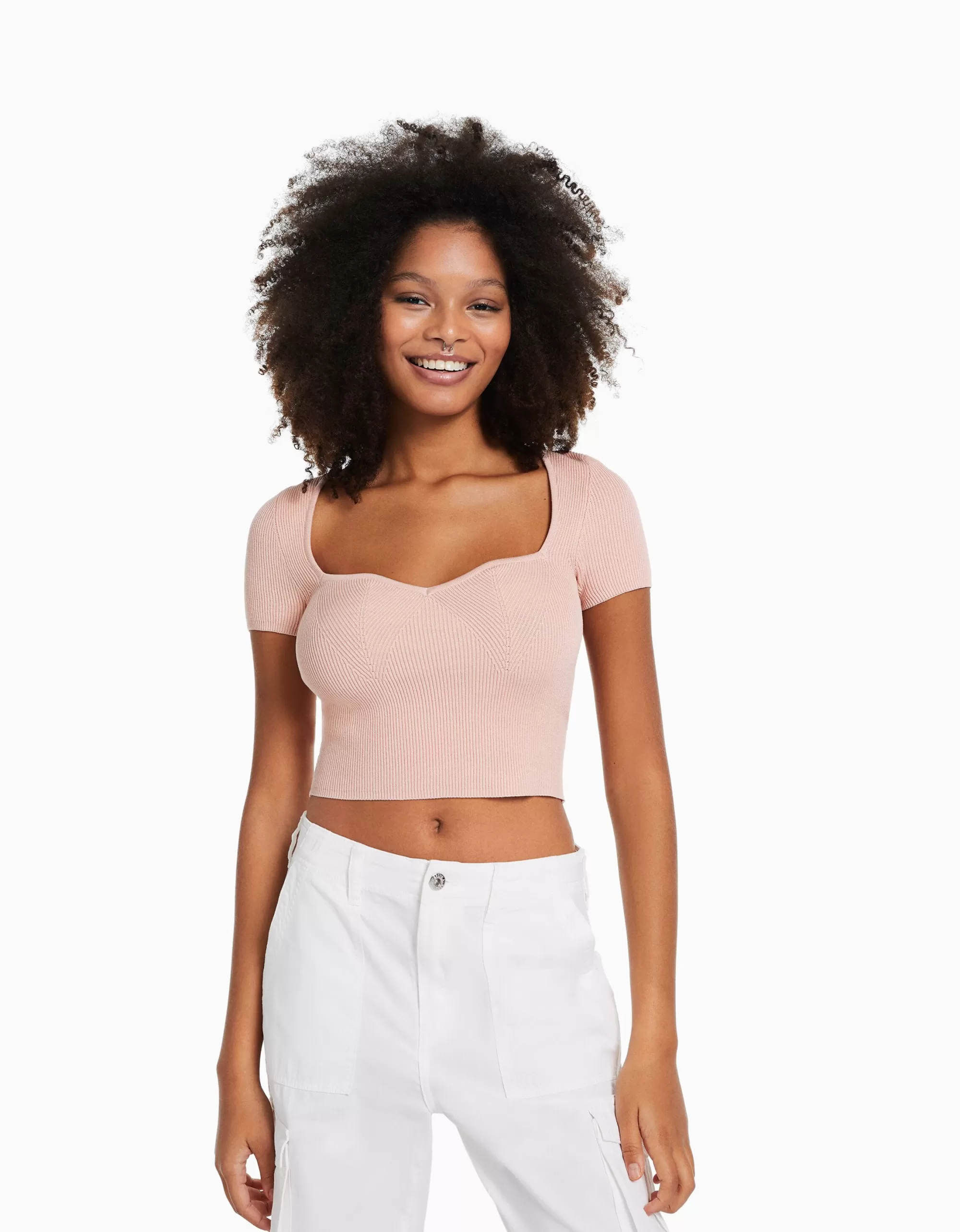 MUJER BERSHKA Jersey manga corta escote corazón punto