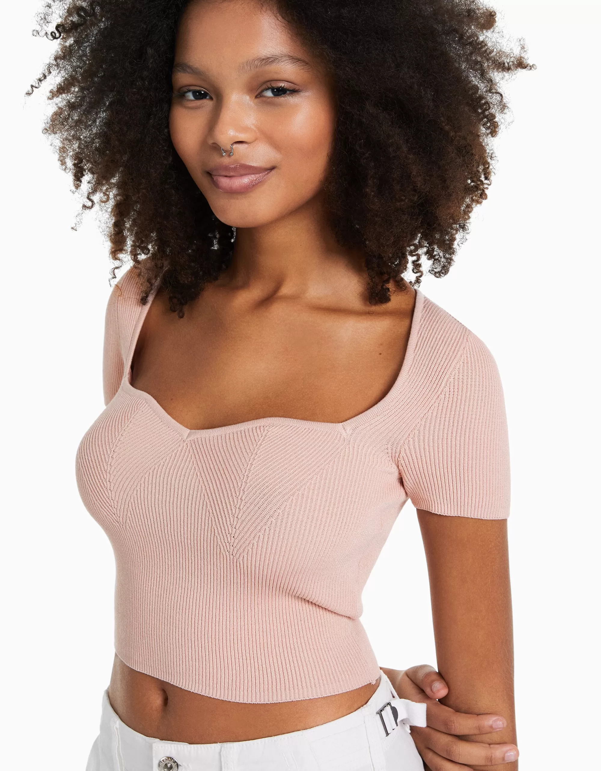 MUJER BERSHKA Jersey manga corta escote corazón punto