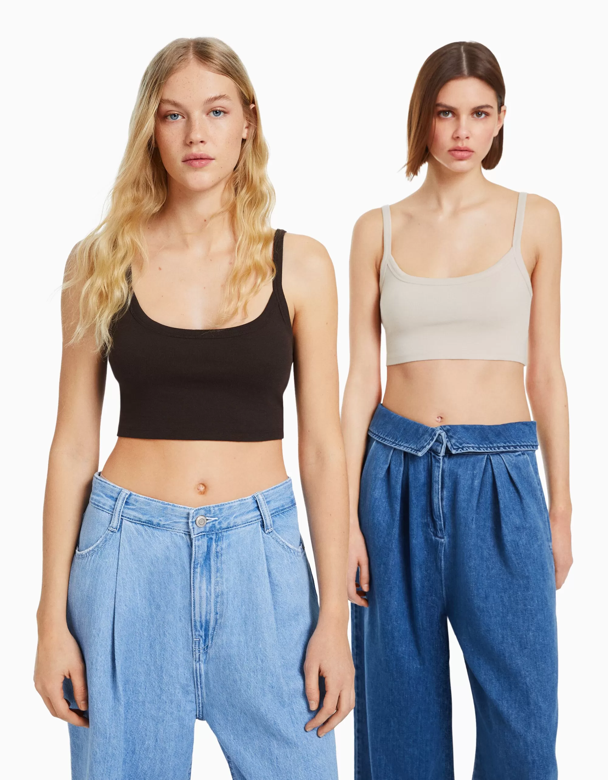 MUJER BERSHKA Pack 2 camisetas tirante ancho cropped