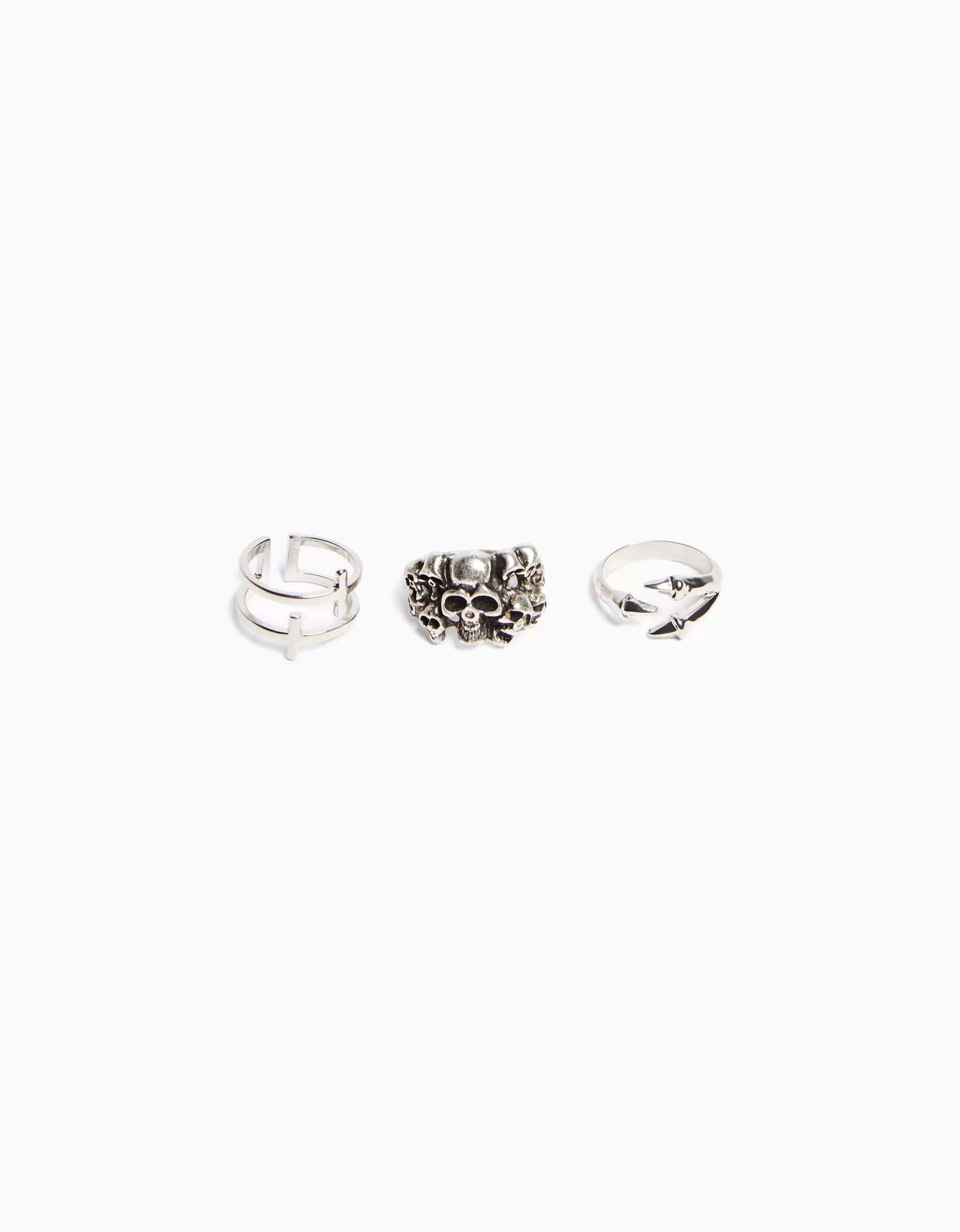 HOMBRE BERSHKA Set 3 anillos calavera cruz