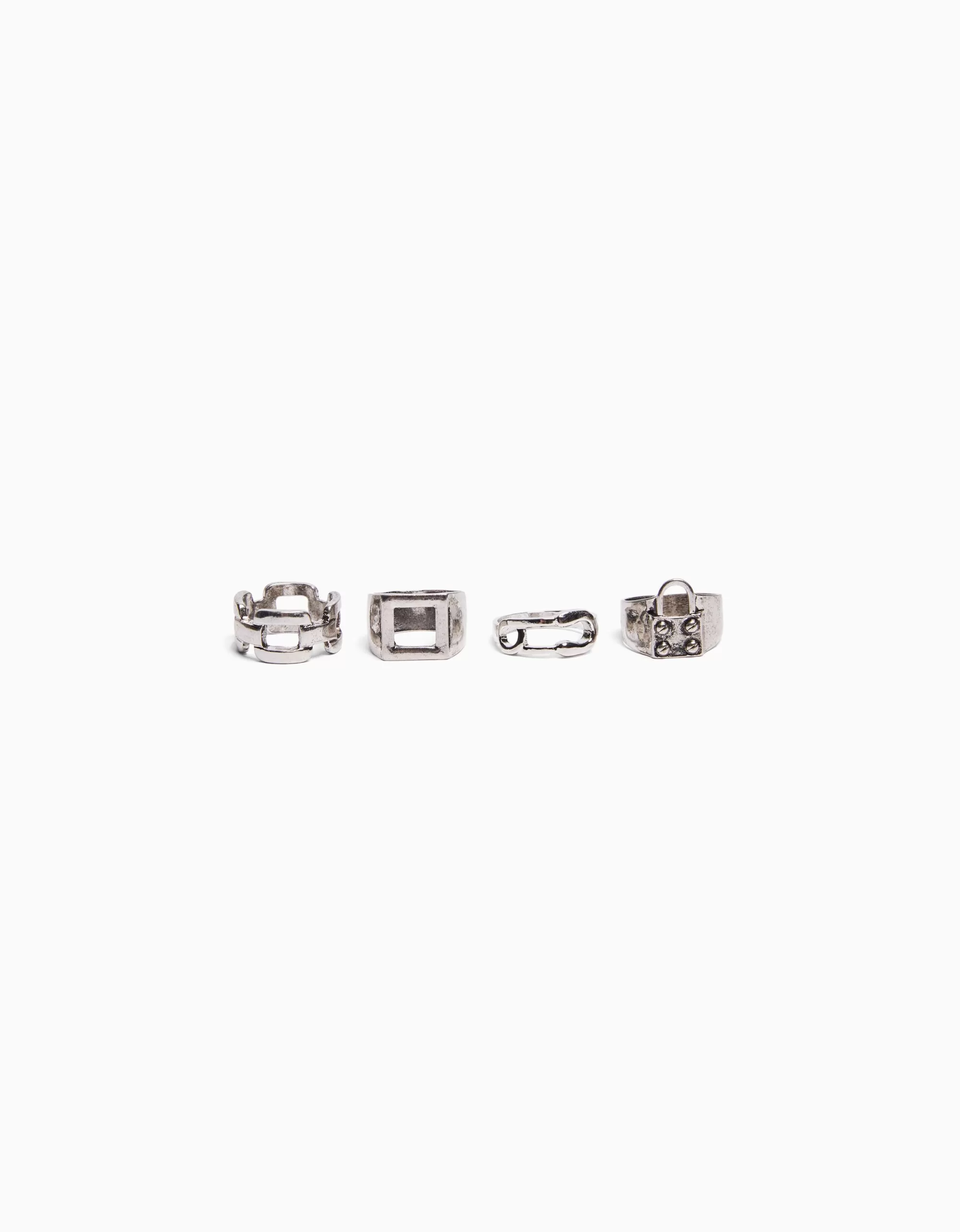 HOMBRE BERSHKA Set 4 anillos candado cadena