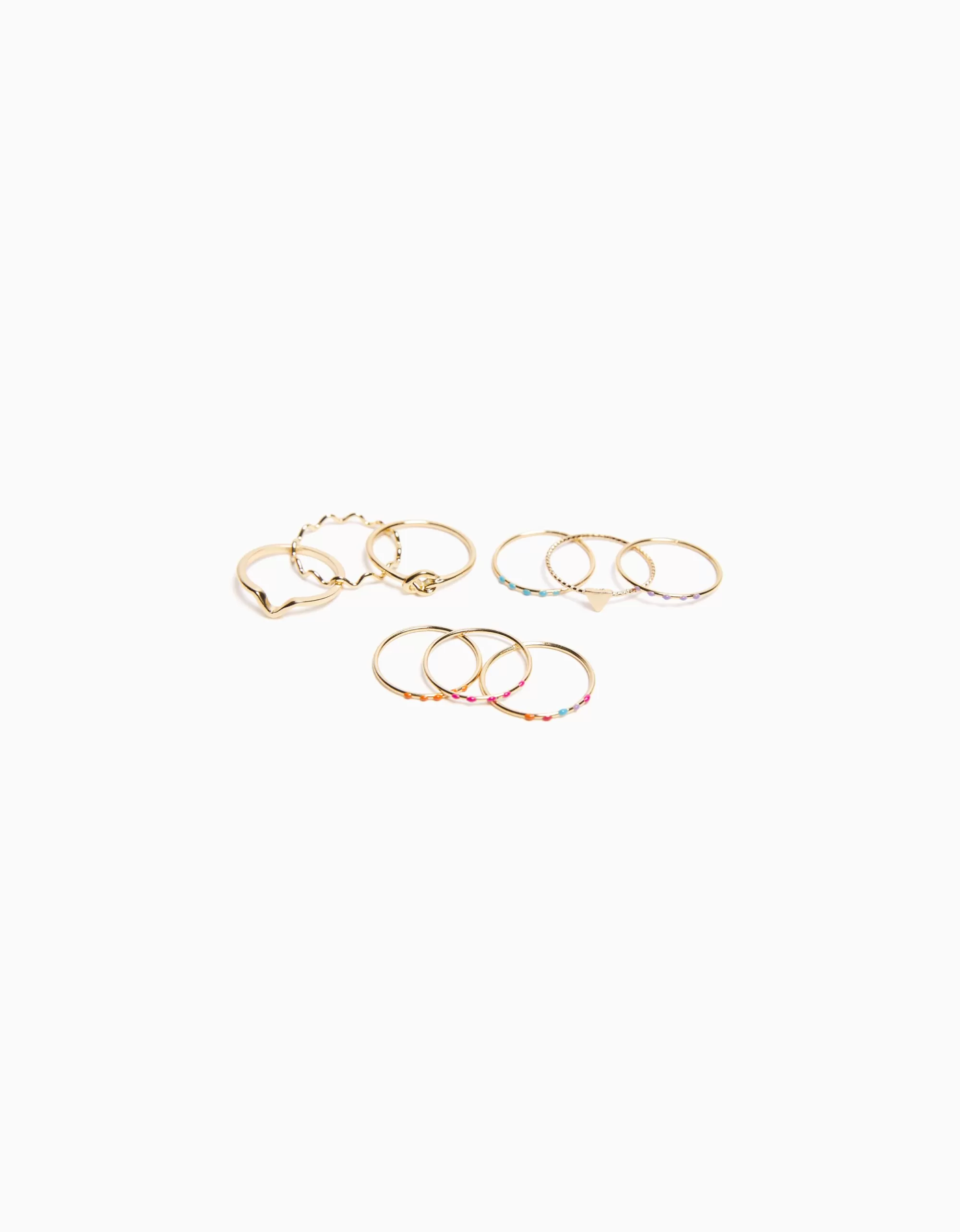 MUJER BERSHKA Set 9 anillos finos pedrería cruz esmalte