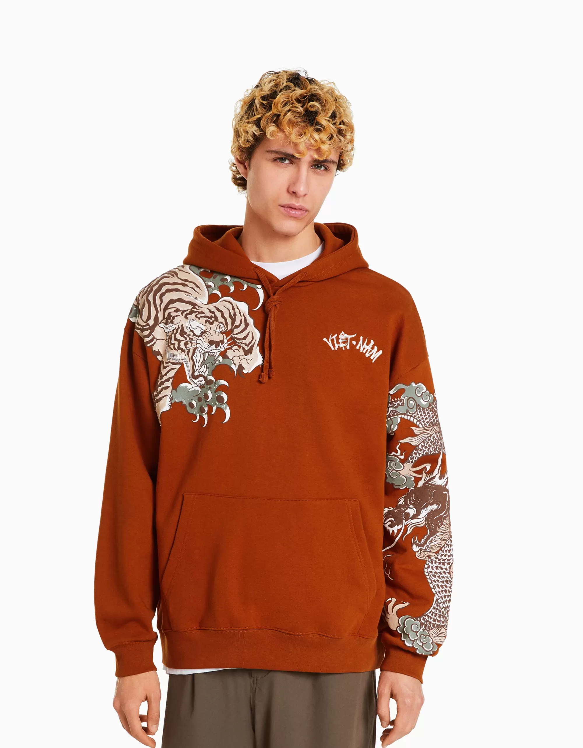 HOMBRE BERSHKA Sudadera capucha print tigre
