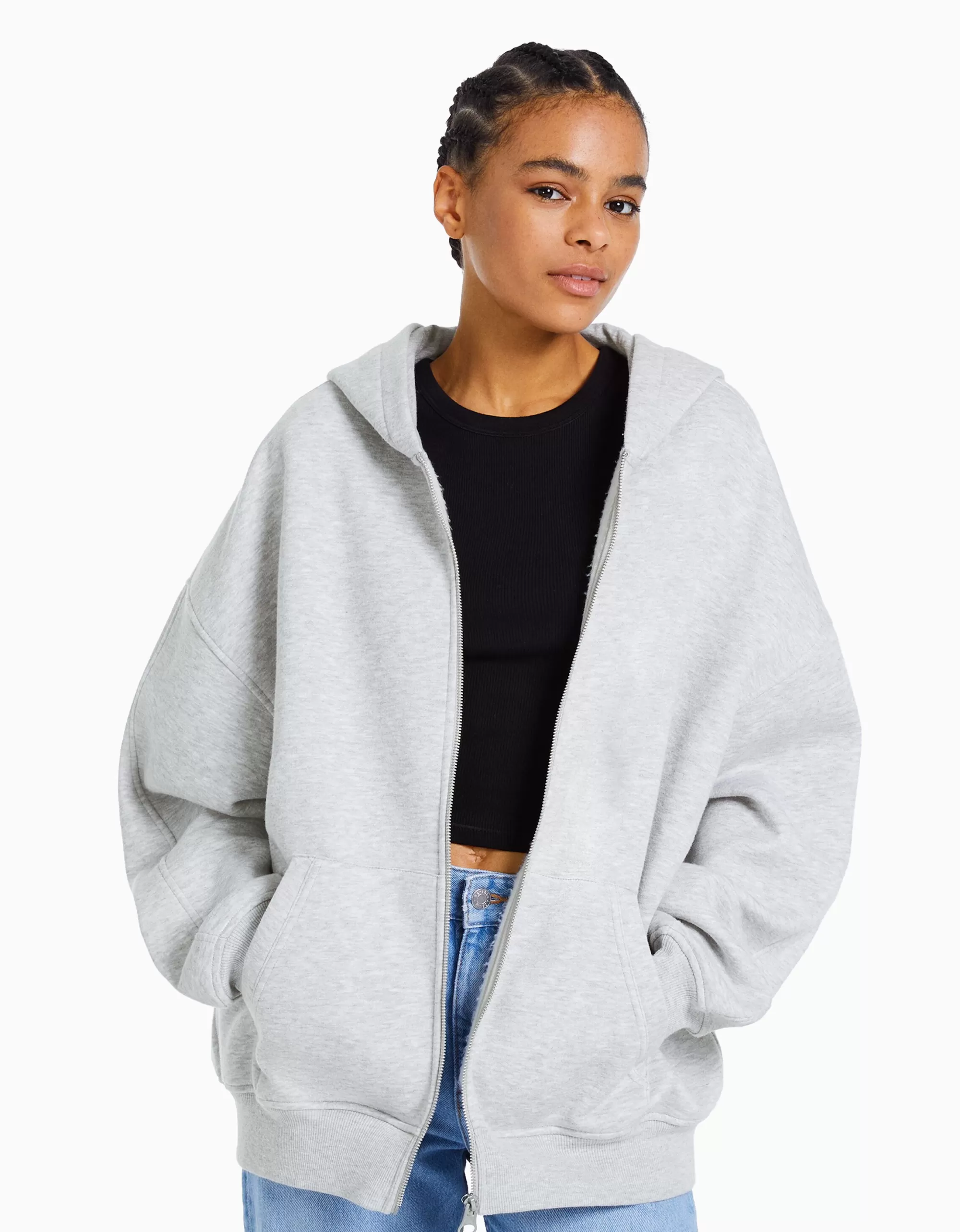 MUJER BERSHKA Sudadera cremallera capucha oversize