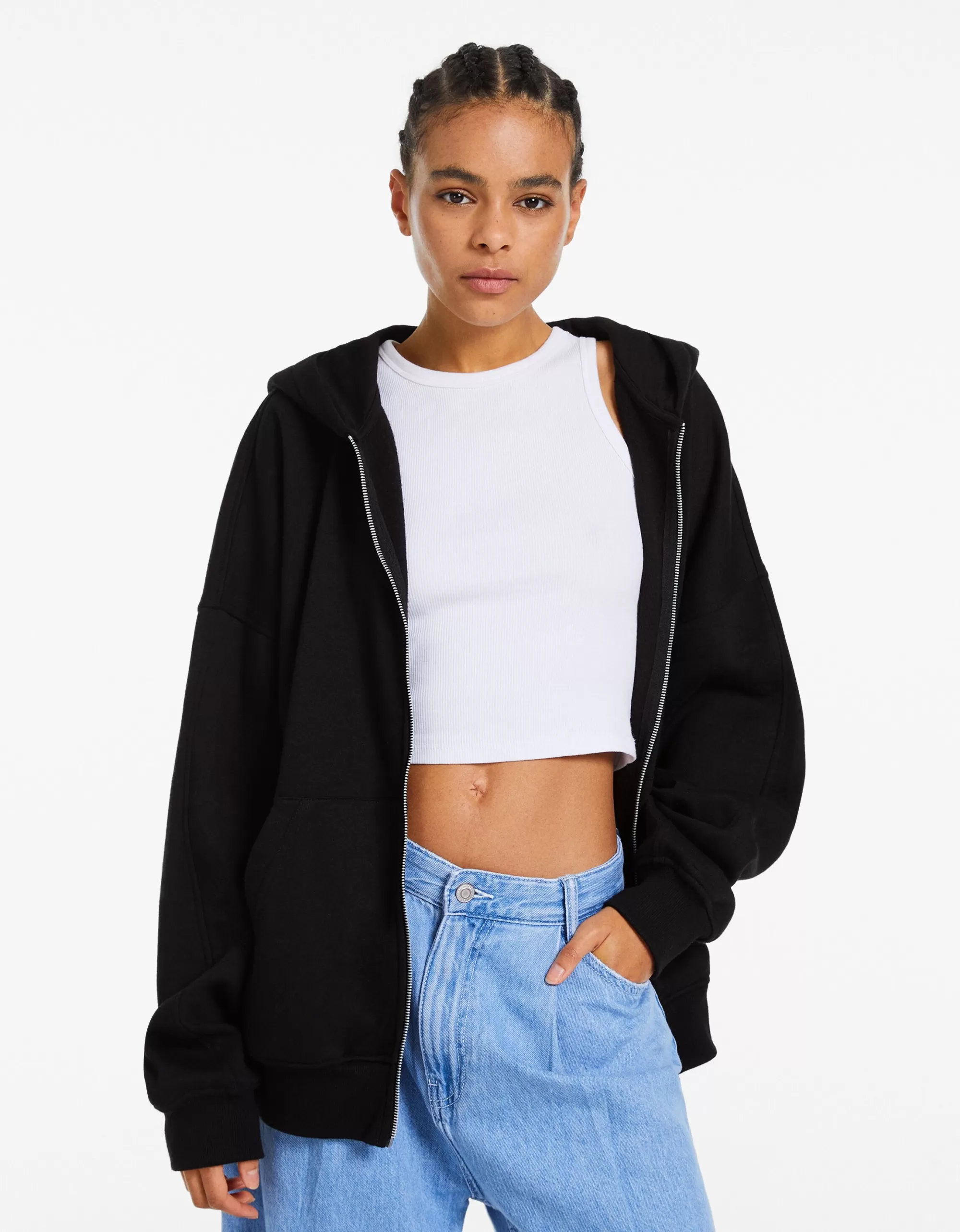 MUJER BERSHKA Sudadera cremallera capucha oversize
