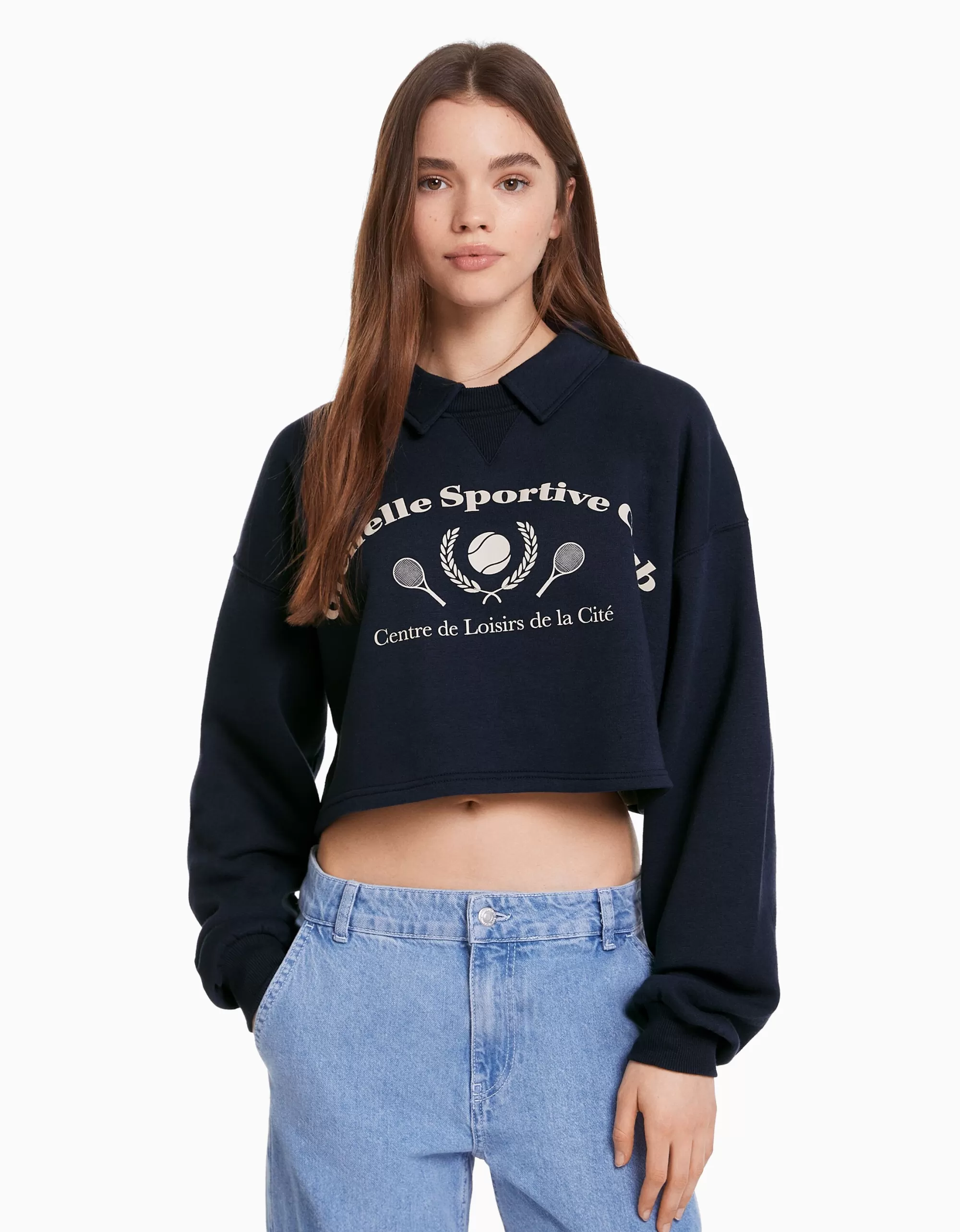 MUJER BERSHKA Sudadera cuello polo print