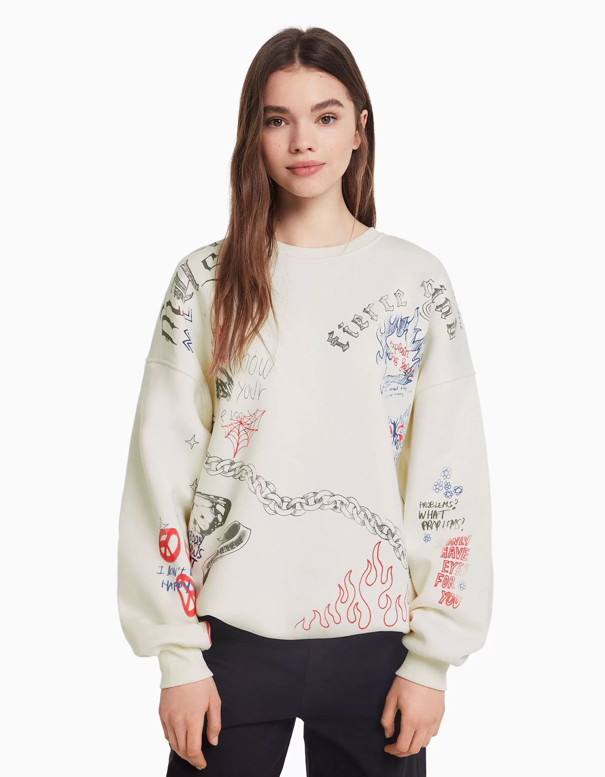 MUJER BERSHKA Sudadera cuello redondo print