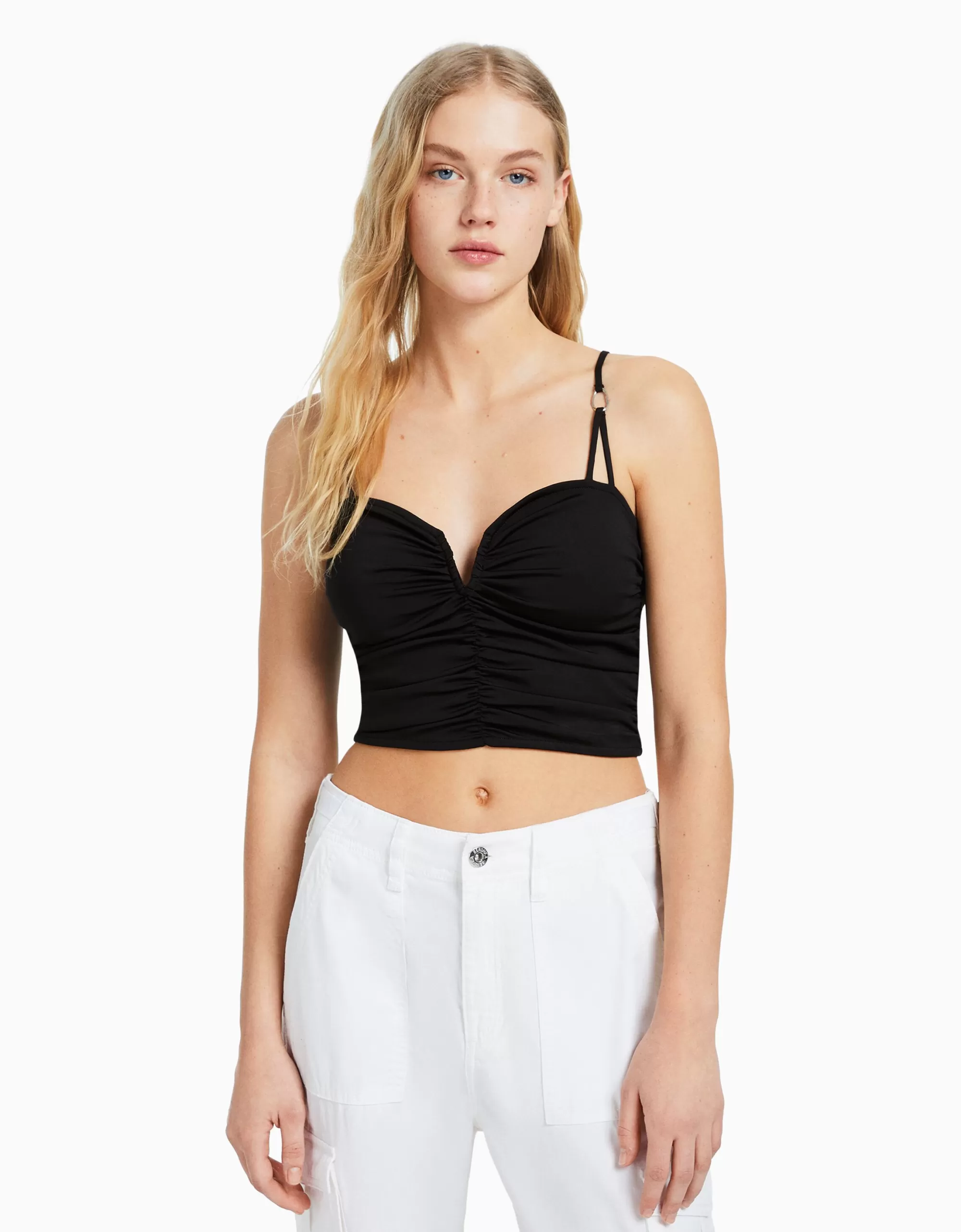 MUJER BERSHKA Top fruncido detalle escote